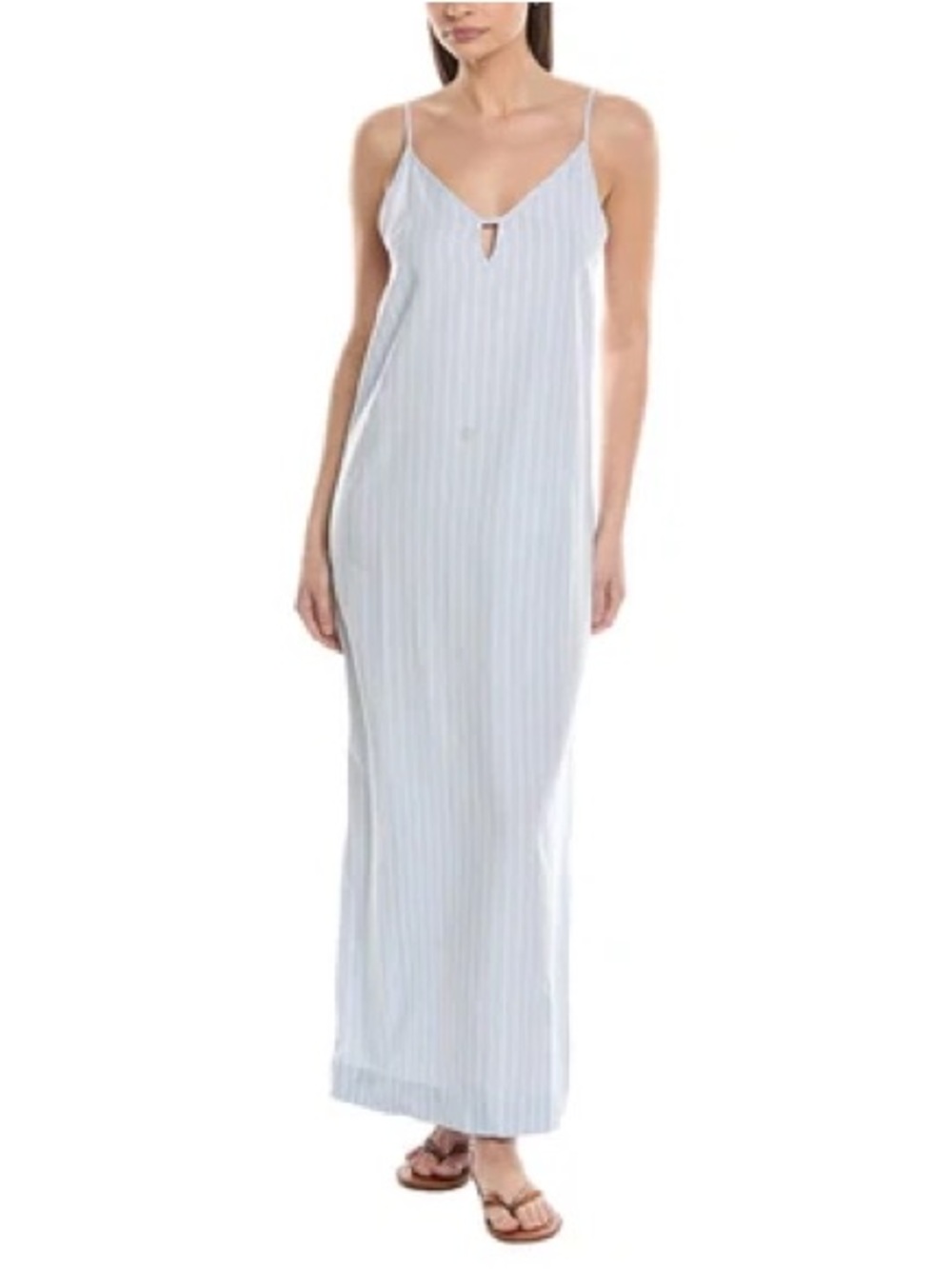 Onia V-Neck Maxi Dress Light Sky Blue Pinstripe Linen Blend M Quiet Luxury